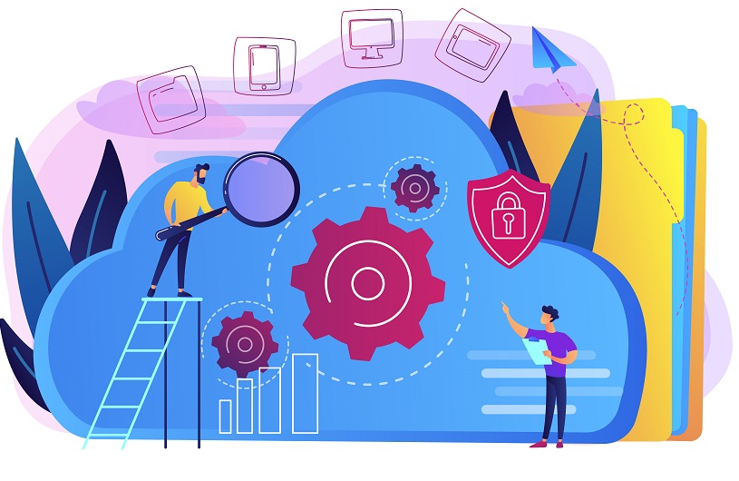 Two developers looking at the gears on the cloud. Digital data storage, database securiry, data protection, cloud technology concept, violet palette. Vector illustration isolated on white background.